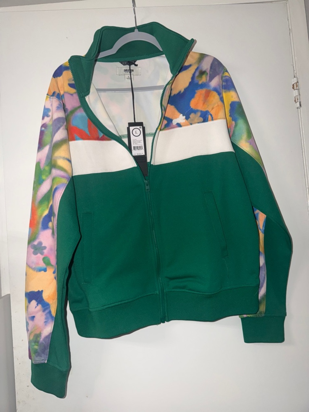 Men's Green Zip-Up Track Jacket with Floral Sleeve Panels